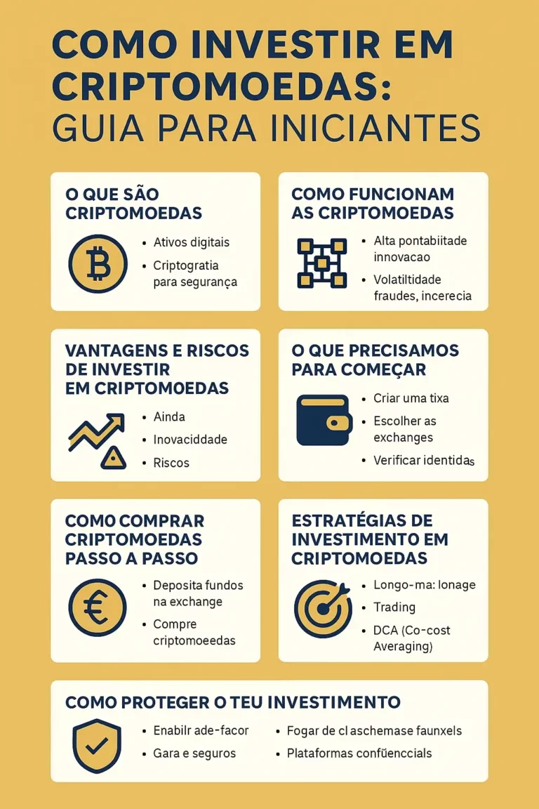 Infográfico em português com guia visual para iniciantes sobre como investir em criptomoedas, com sete etapas ilustradas incluindo criação de carteira, estratégias e segurança."