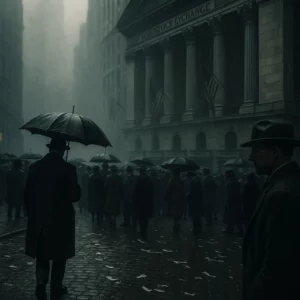 Multidão em frente à Bolsa de Nova Iorque sob chuva durante a Crise de 1929, simbolizando o início da Grande Depressão.