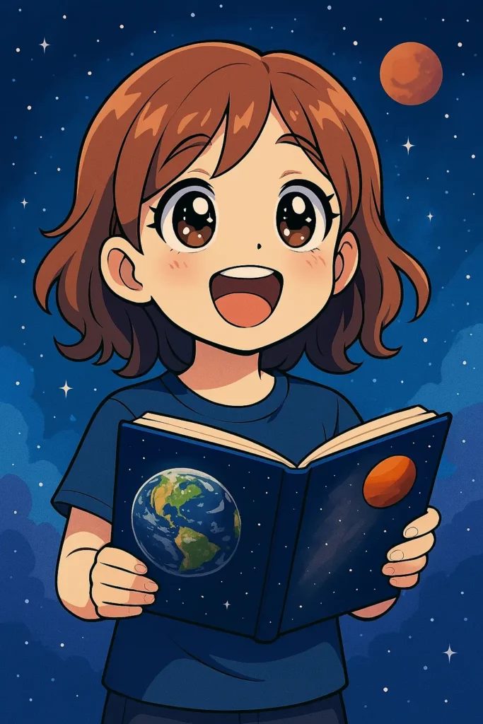lustração em estilo anime de uma menina com expressão de encantamento, segurando um livro com imagens da Terra e de Marte, representando a curiosidade das crianças pelo espaço e pelo conhecimento.