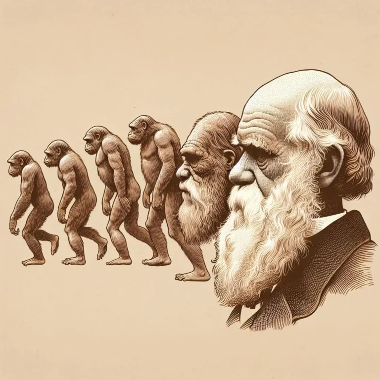 Retrato de Darwin de perfil do lado direito e imagem clássica das fases de evolução do ser humano em fila em tons castanho claro para a página com o título: Darwinismo: Como a ciência explicou a origem das espécies.