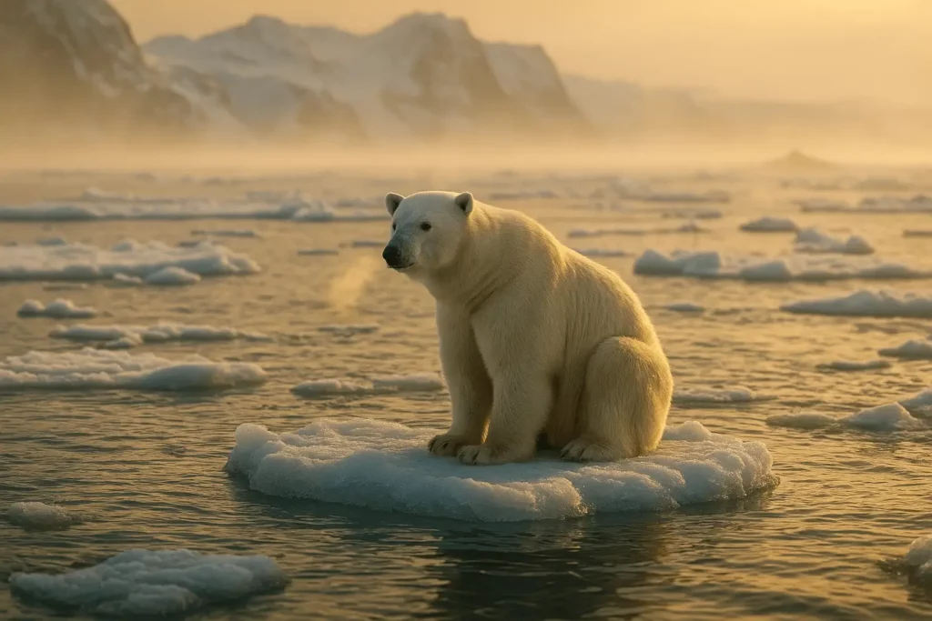Urso polar solitário sentado num bloco de gelo à deriva no Ártico, rodeado por mar aberto e gelo em fusão, símbolo do impacto das alterações climáticas.