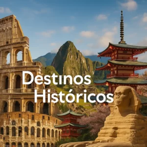 Imagem de capa com monumentos históricos icónicos do mundo, como o Coliseu, as pirâmides e templos asiáticos.