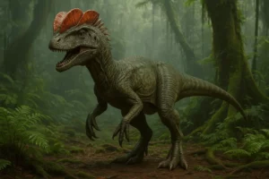 Dilofossauro realista com duas cristas vermelhas em floresta húmida do Jurássico