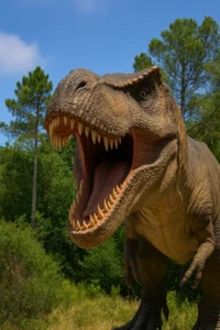 Imagem realista de um modelo de Tyrannosaurus rex em tamanho real no Dino Parque, com vegetação ao fundo e luz solar a iluminar os detalhes do dinossauro.