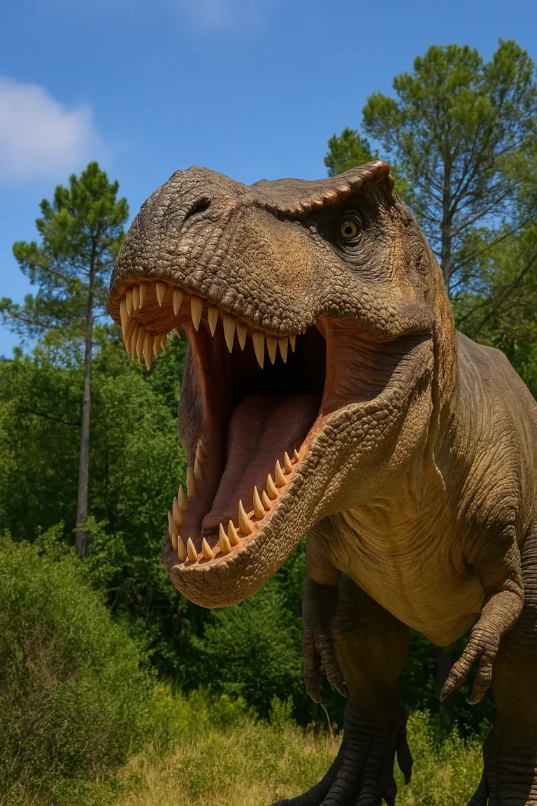 Imagem realista de um modelo de Tyrannosaurus rex em tamanho real no Dino Parque, com vegetação ao fundo e luz solar a iluminar os detalhes do dinossauro.