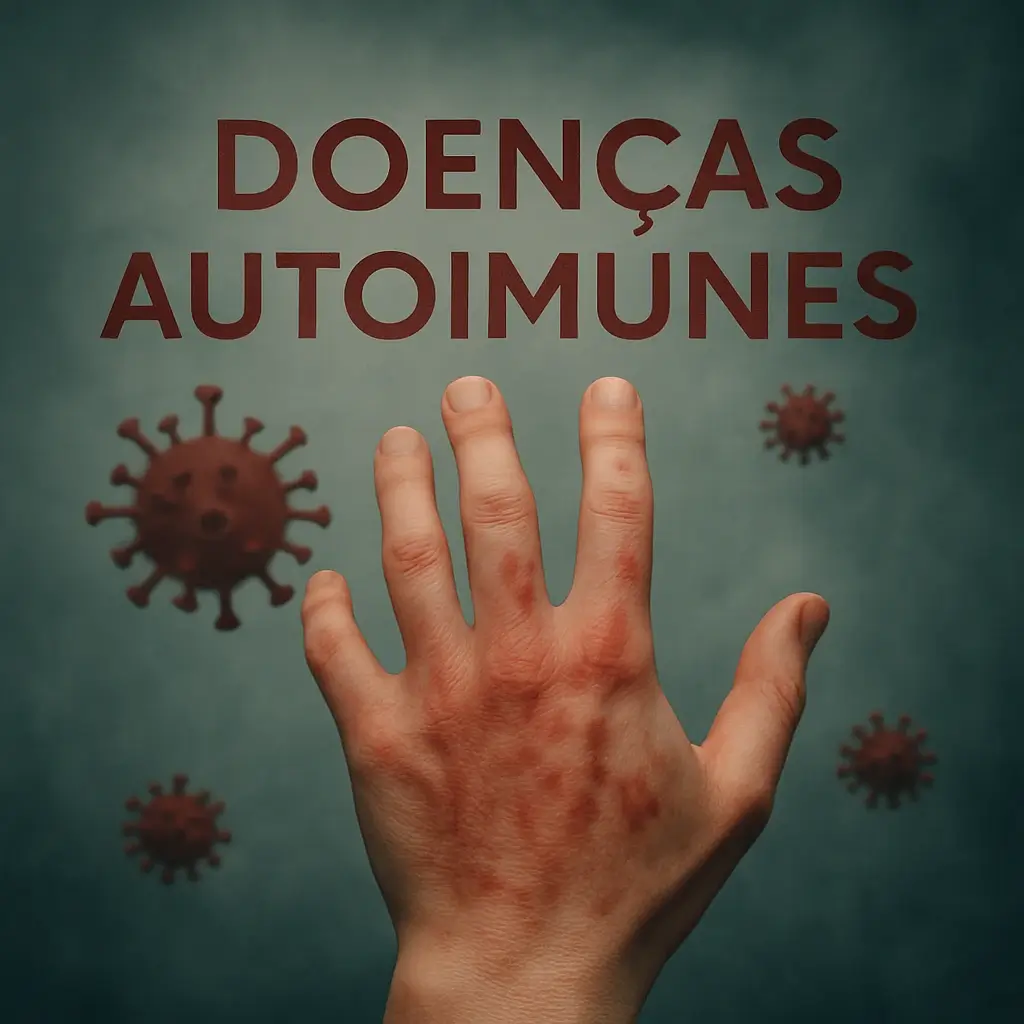 Mão humana com inflamação avermelhada no dorso, rodeada por vírus estilizados, com o texto "Doenças Autoimunes" centrado acima, sobre um fundo escuro e difuso.