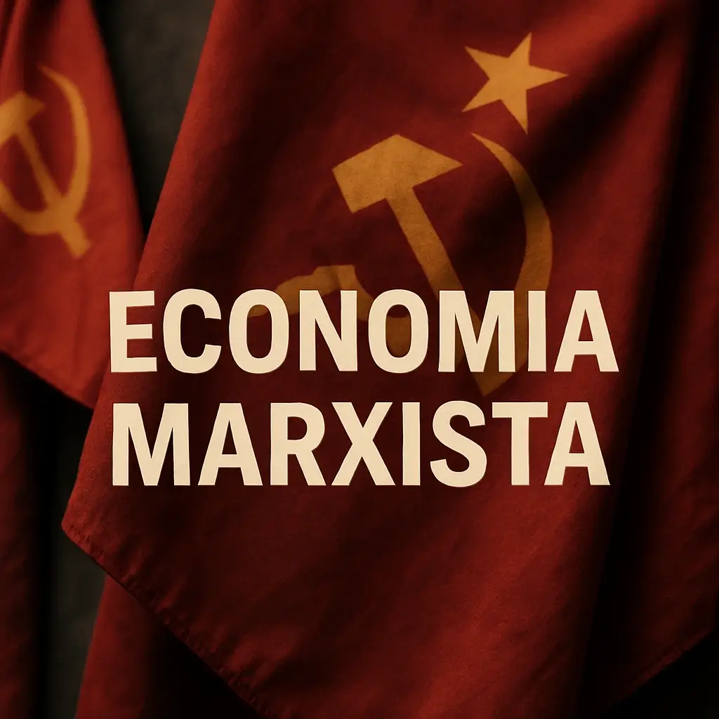 Bandeira vermelha com símbolos marxistas em destaque e o texto “Economia Marxista” ao centro.