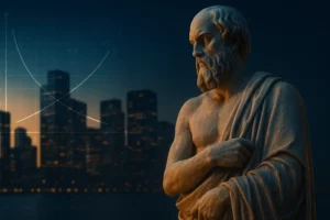 Estátua clássica de filósofo em frente a arranha-céus modernos com gráfico de oferta e procura, simbolizando a economia neoclássica.