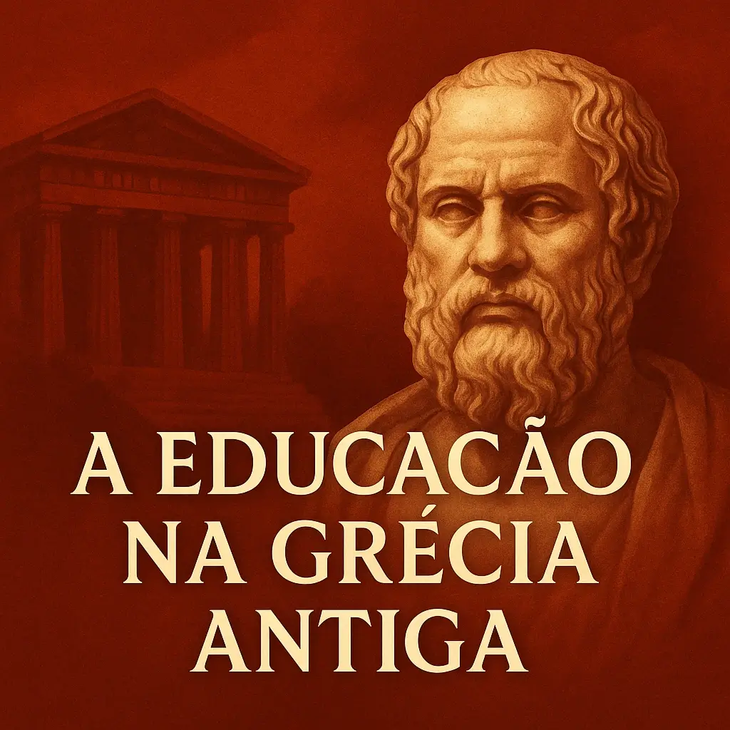 Imagem de capa quadrada com fundo vermelho texturizado, busto clássico de um filósofo grego à direita e o título “A Educação na Grécia Antiga” centrado em fonte serifada clara.