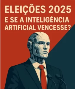 Imagem de uma Inteligência Artificial humanoide a discursar num palanque político, representando a vitória da IA nas eleições 2025 em Portugal.