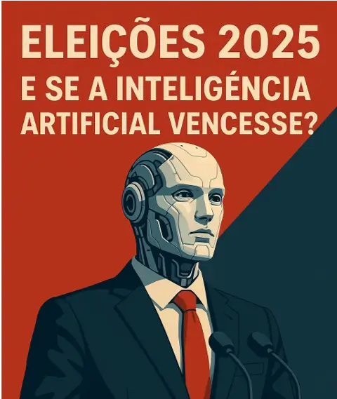 Imagem de uma Inteligência Artificial humanoide a discursar num palanque político, representando a vitória da IA nas eleições 2025 em Portugal.