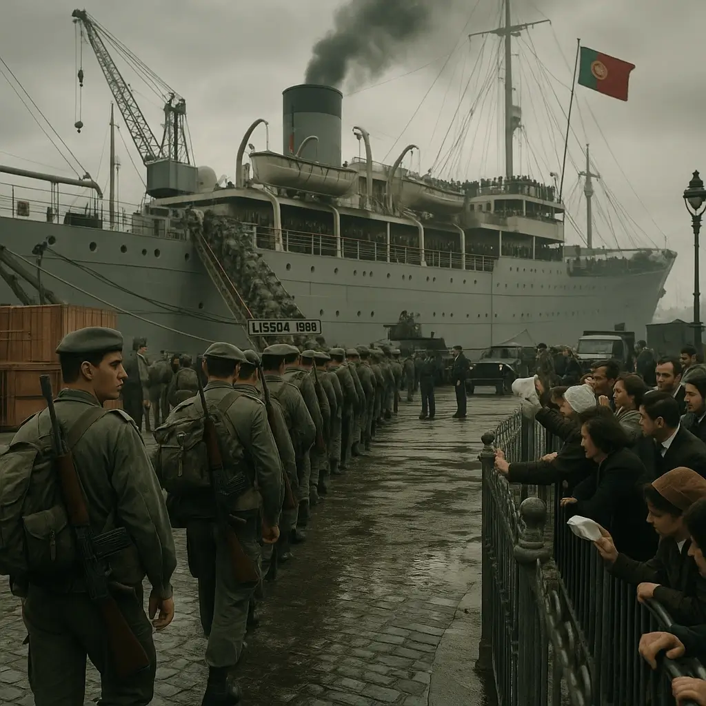 Embarque de tropas portuguesas para o Ultramar (anos 1960/70): jovens militares em fila no cais, navio ao fundo e despedidas emocionadas.