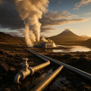Energia geotérmica: central em paisagem vulcânica ao pôr do sol, vapor a sair das chaminés e longas tubagens de aço em primeiro plano.