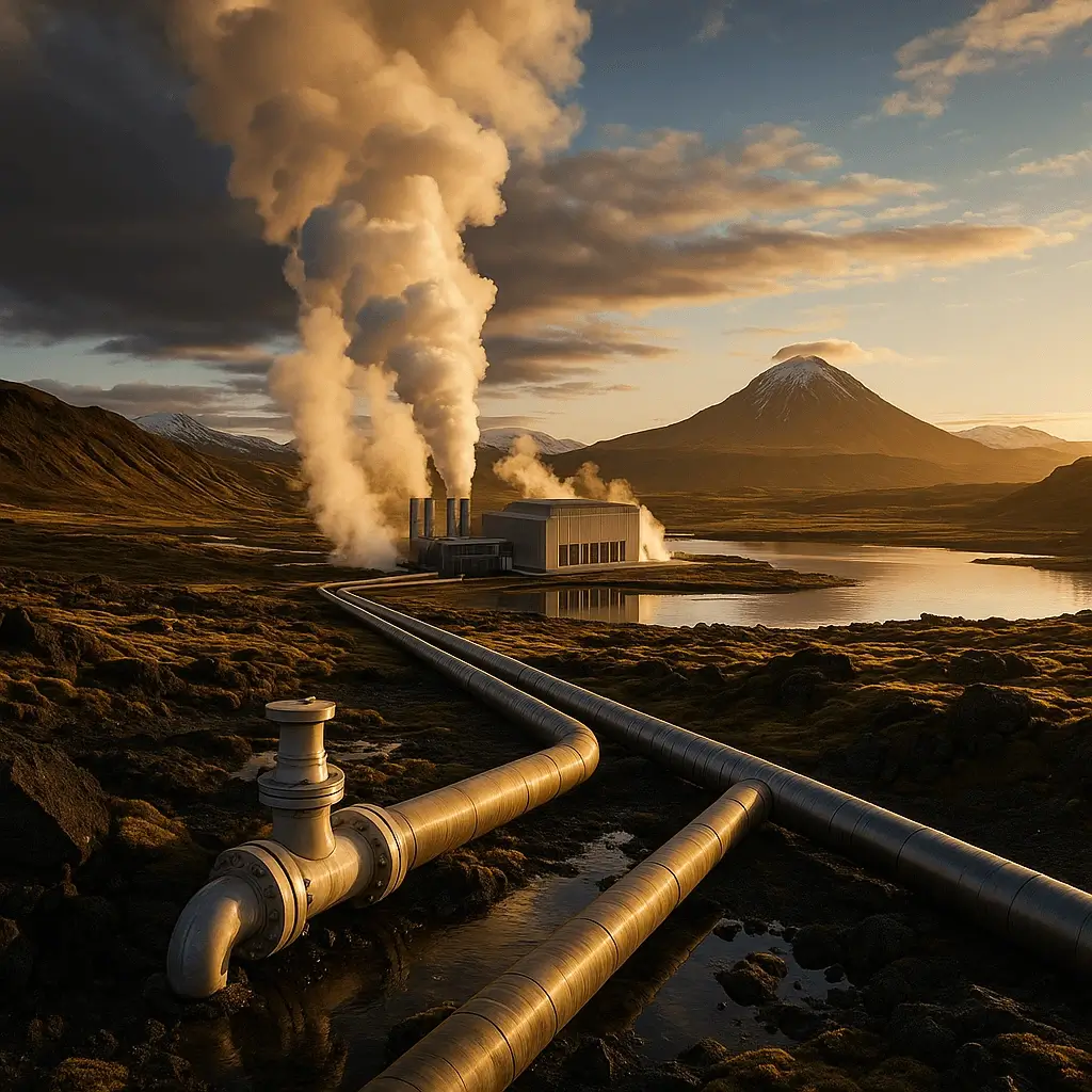 Energia geotérmica: central em paisagem vulcânica ao pôr do sol, vapor a sair das chaminés e longas tubagens de aço em primeiro plano.