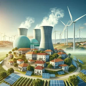 Imagem ilustrativa de uma usina nuclear com painéis solares ao fundo, representando a combinação de energia nuclear e renovável como um futuro sustentável para Portugal.