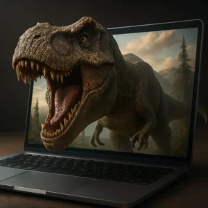 Uma impressionante ilustração digital de um feroz Tiranossauro rex emergindo de um ecrã, criando um efeito tridimensional realista. A cena remete à era dos dinossauros, com uma paisagem pré-histórica ao fundo, incluindo montanhas enevoadas, árvores coníferas e um céu dourado, enfatizando a grandiosidade do dinossauro.