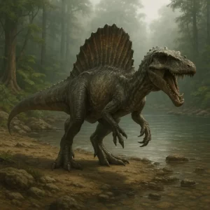 Espinossauro realista com vela dorsal em destaque à beira de um rio no Cretácico