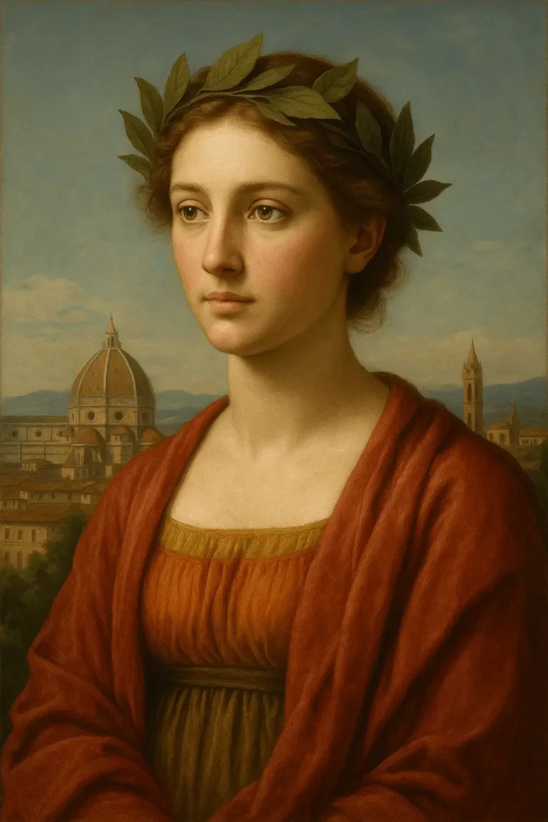 Retrato ultra-realista de uma jovem com coroa de louros ao estilo renascentista, com a cidade de Florença ao fundo, evocando os ideais do Renascimento.