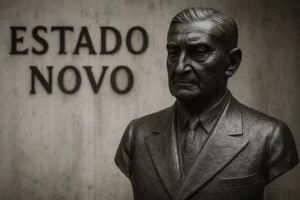 Imagem de um busto em bronze de António de Oliveira Salazar em destaque, com expressão séria, diante de uma parede de cimento com a inscrição “ESTADO NOVO” em letras negras, sob iluminação suave e fundo desfocado.