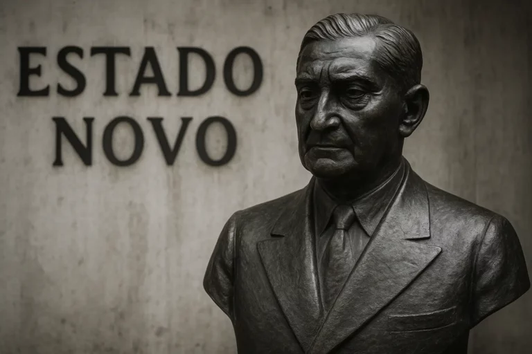 Imagem de um busto em bronze de António de Oliveira Salazar em destaque, com expressão séria, diante de uma parede de cimento com a inscrição “ESTADO NOVO” em letras negras, sob iluminação suave e fundo desfocado.