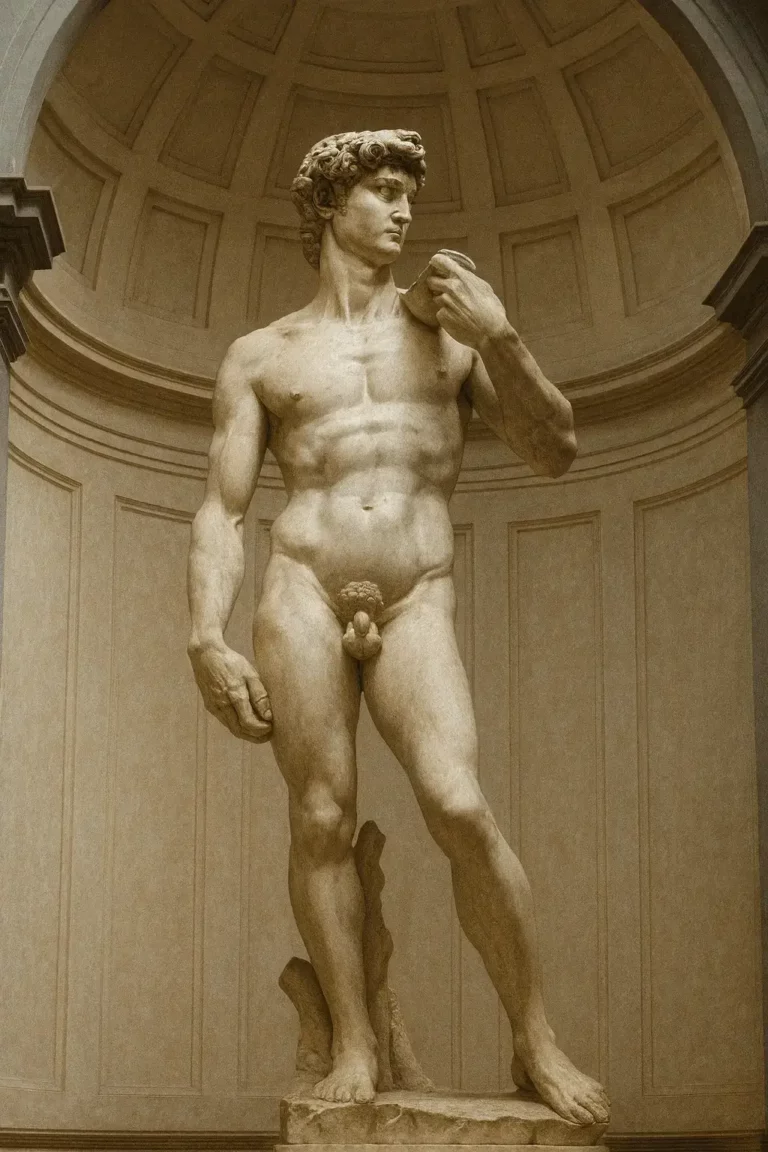 Estátua de David, de Michelangelo, captada em estilo ultra-realista, simbolizando a perfeição artística do Renascimento italiano numa sala abobadada.