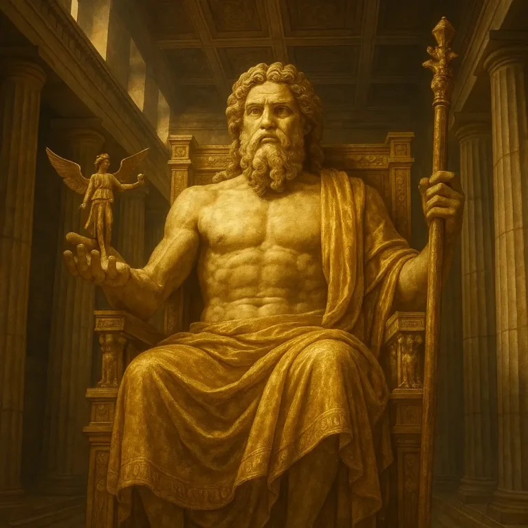 Representação realista da Estátua de Zeus em Olímpia, uma das 7 maravilhas do mundo antigo, com o deus sentado num trono ornamentado em ouro e marfim.