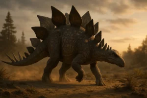 Estegossauro fotorrealista de corpo inteiro, com duas fileiras alternadas de grandes placas dorsais e cauda com quatro espigões, caminhando numa planície jurássica ao pôr do sol.