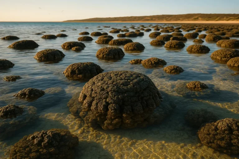 Estromatólitos em cúpulas, com camadas concêntricas visíveis, emergindo de águas rasas e transparentes de uma lagoa costeira ao fim da tarde.
