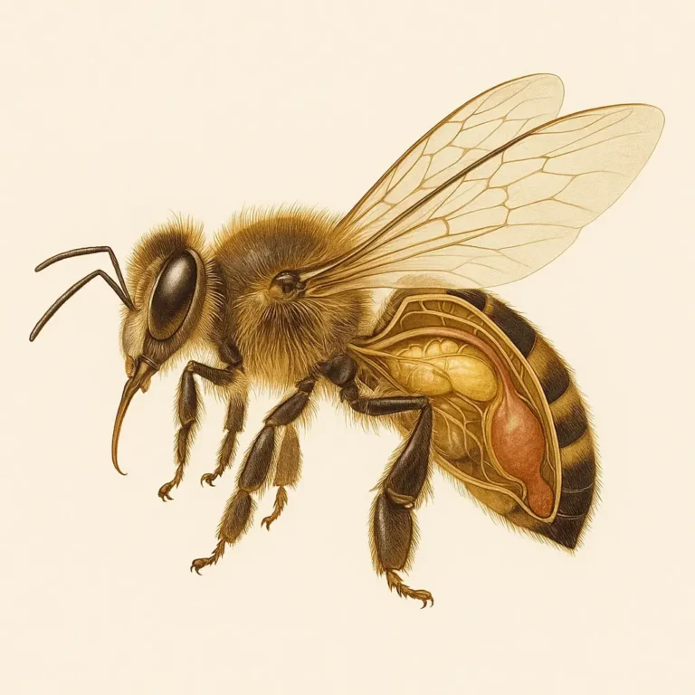 A importância das abelhas ilustrada na anatomia da Apis mellifera: vista lateral com corte do abdómen a mostrar papo de mel, intestino e ferrão, sobre fundo creme.