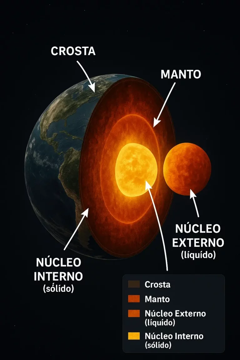 Energia geotérmica: corte transversal ultra-realista da Terra com setas a identificar crosta, manto, núcleo externo (líquido) e núcleo interno (sólido).