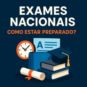 Imagem com o título “Exames Nacionais” e a pergunta “Como Estar Preparado?”, acompanhada de ícones educativos como livro, diploma, relógio e capelo. O fundo azul inclui uma lista de disciplinas, representando o ambiente de estudo e preparação para os exames nacionais em Portugal.