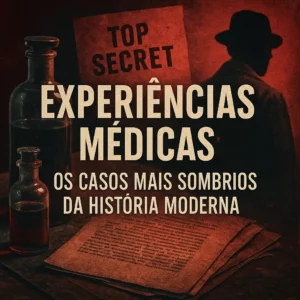 Imagem quadrada de fundo escuro com título central “Experiências Médicas: Os Casos Mais Sombrios da História Moderna”, ilustrando o ambiente sombrio e histórico das experiências antiéticas em humanos.