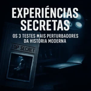 Capa escura com o título "Experiências Secretas: Os 3 Testes Mais Perturbadores da História Moderna", mostrando uma pasta confidencial com a imagem de uma figura sentada num laboratório sombrio.