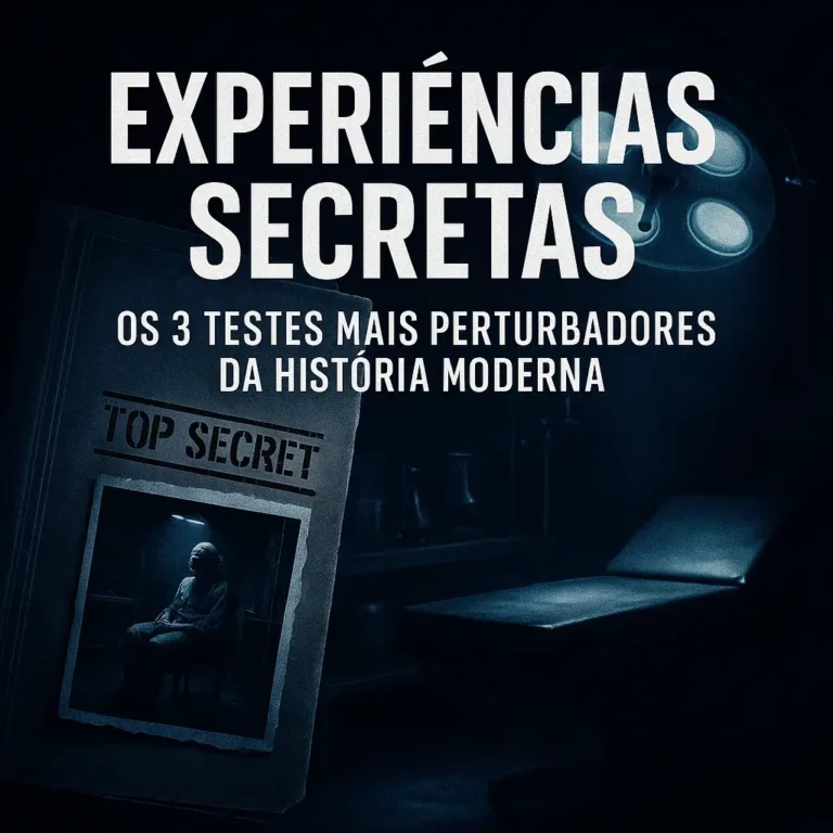 Capa escura com o título "Experiências Secretas: Os 3 Testes Mais Perturbadores da História Moderna", mostrando uma pasta confidencial com a imagem de uma figura sentada num laboratório sombrio.