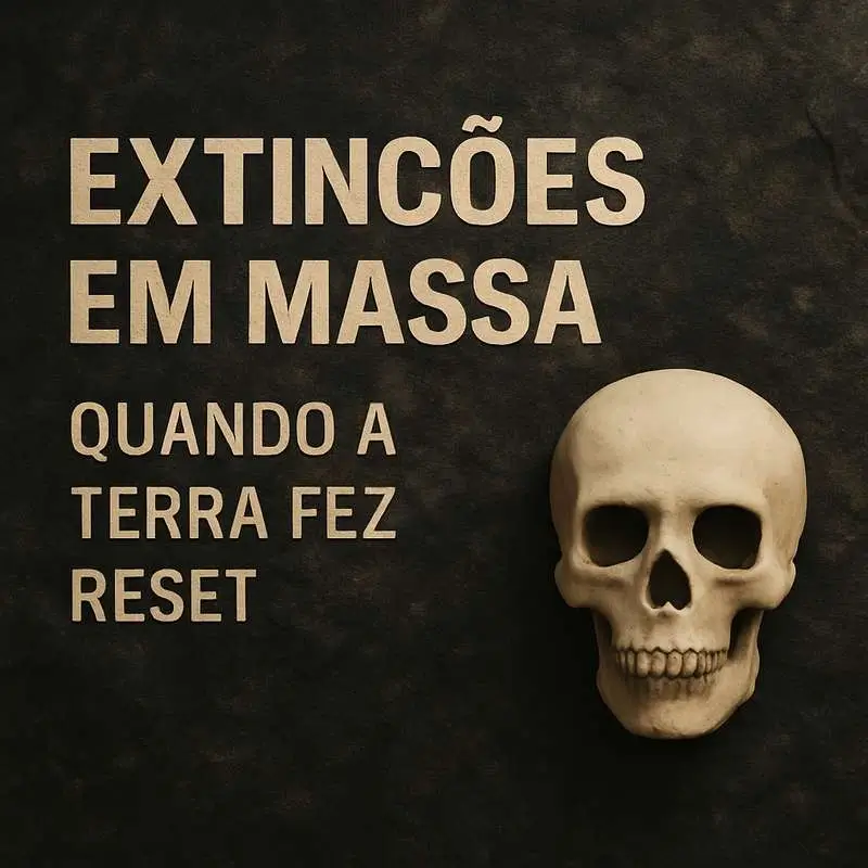 Capa do artigo com fundo escuro e textura rochosa. À esquerda, lê-se o título “Extinções em Massa: Quando a Terra Fez Reset” em letras grandes e bege. À direita, destaca-se um crânio humano realista, em tom esbranquiçado, simbolizando o impacto da extinção.