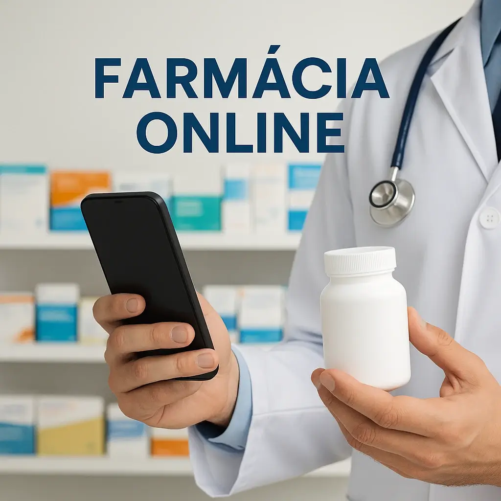 Farmacêutico segura um smartphone e um frasco de comprimidos, representando o conceito de farmácia online.