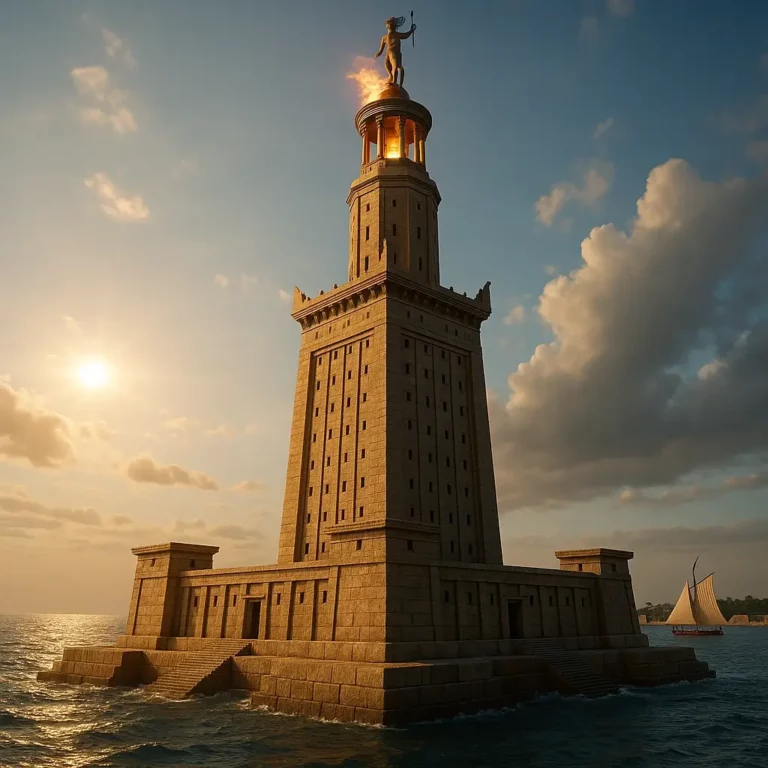 Representação realista do Farol de Alexandria ao pôr do sol, uma das 7 maravilhas do mundo antigo, com estrutura de pedra e chama acesa no topo.