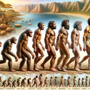 Uma representação artística das principais fases da evolução humana: Australopitecos, Homo habilis, Homo erectus, Homo neanderthalensis, Homo sapiens.