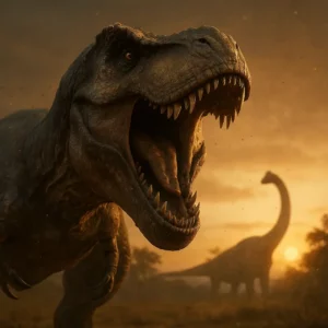 Tiranossauro Rex ultra-realista a rugir ao pôr do sol, com Braquiossauro ao fundo — figuras de dinossauros realistas