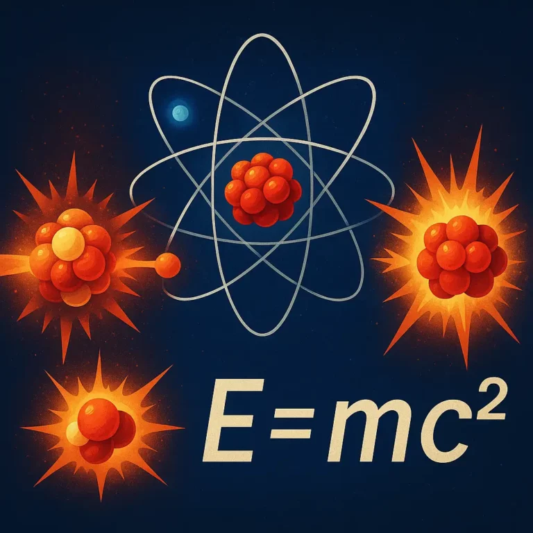 lustração digital impactante sobre física nuclear, mostrando um átomo brilhante, os processos de fissão e fusão nuclear, e a equação de Einstein.