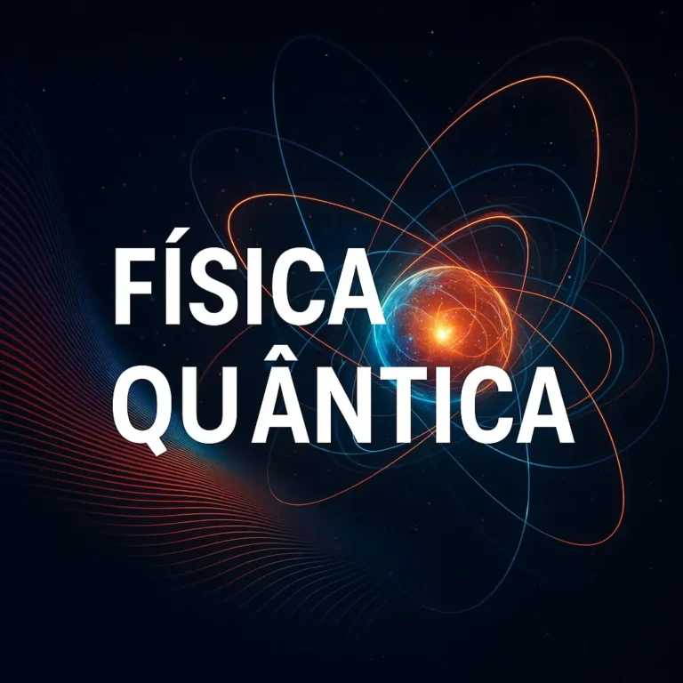 Banner digital com o título "Física Quântica", com fundo cósmico, partículas subatómicas e ondas de energia representando fenómenos da física quântica.