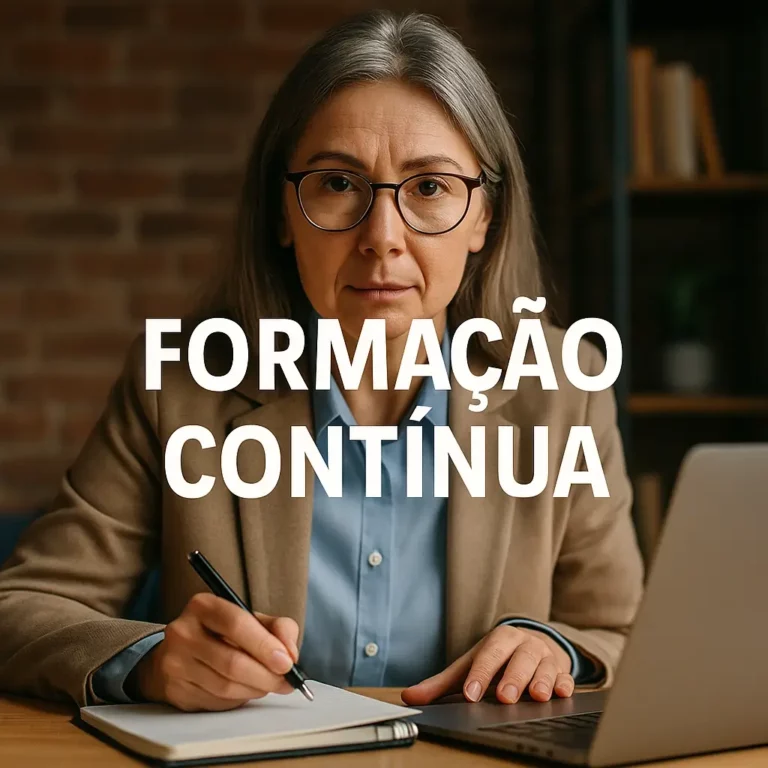 Mulher de meia-idade com óculos, a escrever num caderno enquanto olha para a câmara, com a frase “FORMAÇÃO CONTÍNUA” ao centro da imagem.