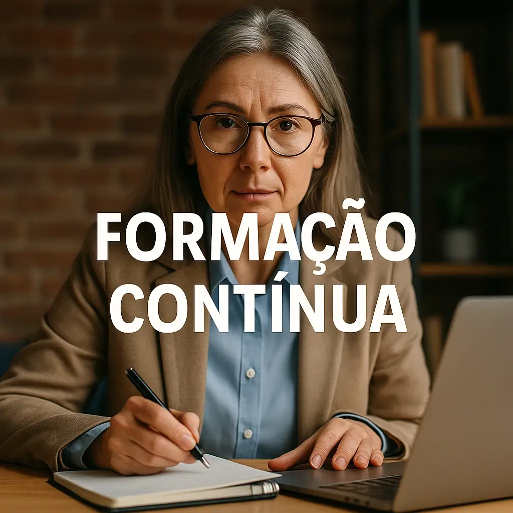 Mulher de meia-idade com óculos, a escrever num caderno enquanto olha para a câmara, com a frase “FORMAÇÃO CONTÍNUA” ao centro da imagem.