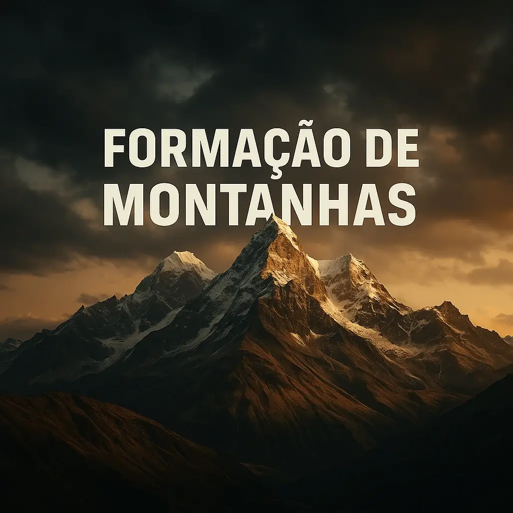 Imagem realista e cinematográfica de uma cordilheira montanhosa ao pôr do sol, com o texto “Formação de Montanhas” em destaque ao centro.