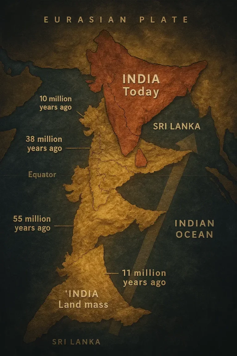 Mapa realista e cinematográfico mostrando a movimentação da placa tectónica da Índia desde há 71 milhões de anos até à sua colisão com a placa euroasiática, dando origem aos Himalaias.