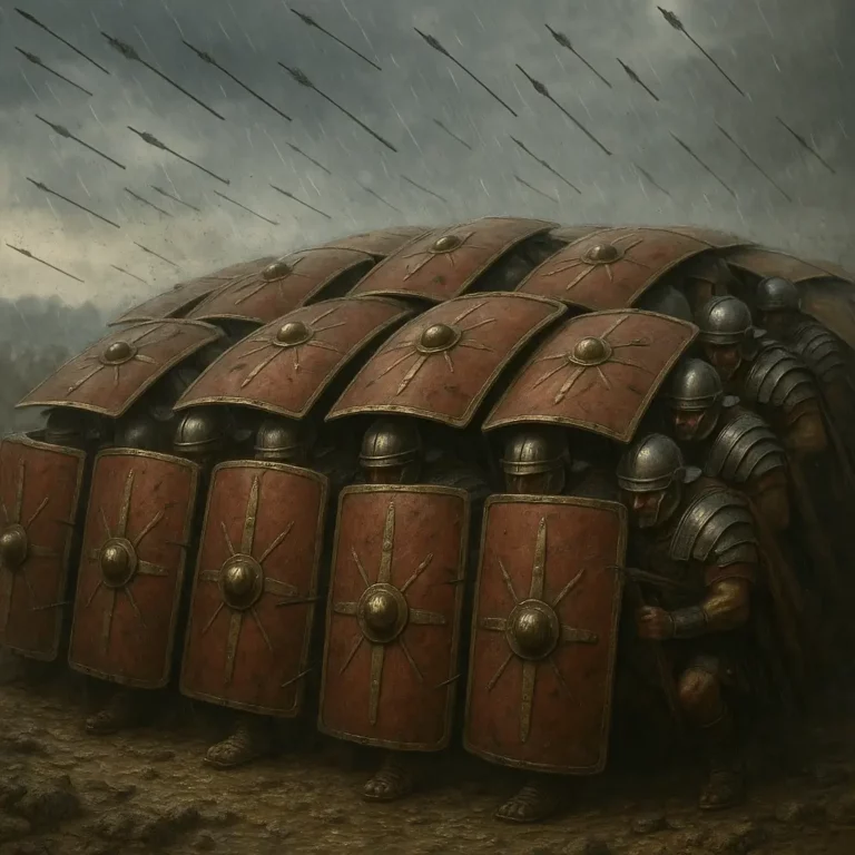 Formação “tartaruga” (testudo) do exército do Império Romano, legionários protegidos por escudos sobrepostos sob chuva e chuva de flechas.
