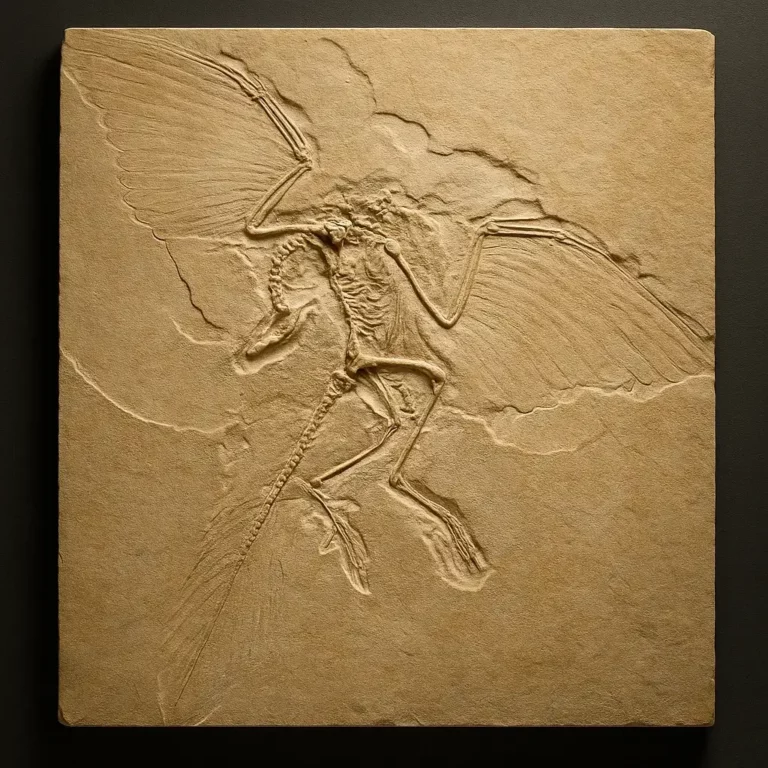 Fóssil ultra-realista do Archaeopteryx lithographica preservado em calcário, mostrando esqueleto detalhado e impressões das penas nas asas.