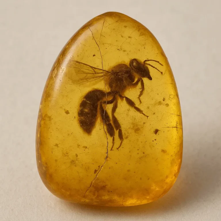 A importância das abelhas na história da Terra: peça de âmbar inteira com fóssil de abelha preservada no interior.