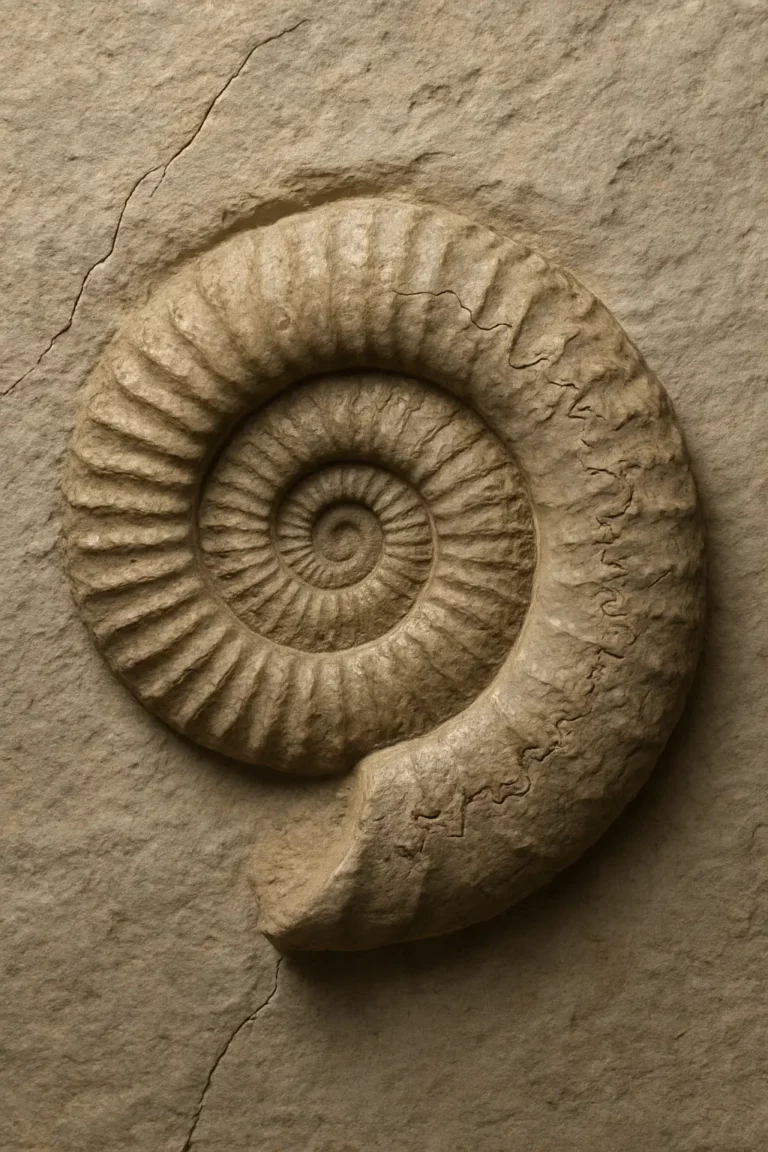 Fóssil de amonite em calcário, com espiral completa, costelas radiais e suturas ramificadas realçadas por iluminação suave.