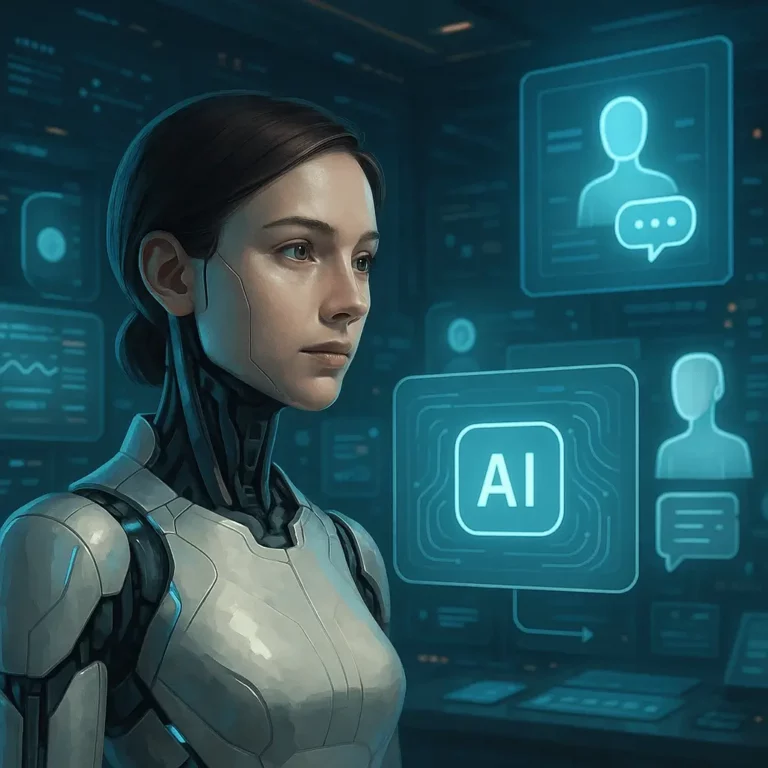 Ilustração ultra realista e futurista de uma assistente virtual humanoide num ambiente tecnológico com hologramas e ícones de IA flutuantes.